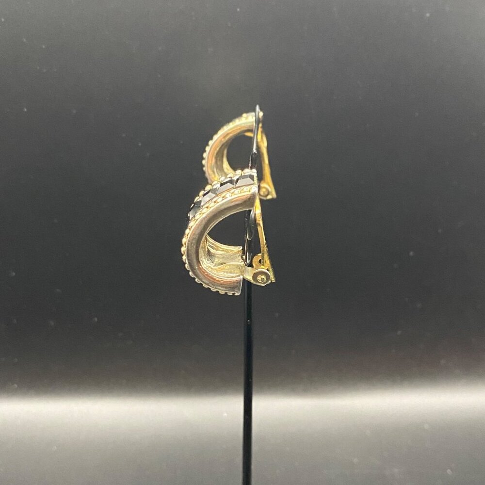 Vintage Clip-On Earrings Hoop Two Tone Black Faceted Glass Statement Chunky - Picture 8 of 10